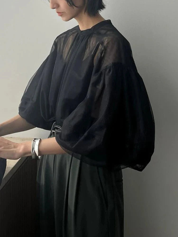 Black Chiffon Lantern Sleeve Blouse