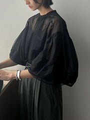 Black Chiffon Lantern Sleeve Blouse