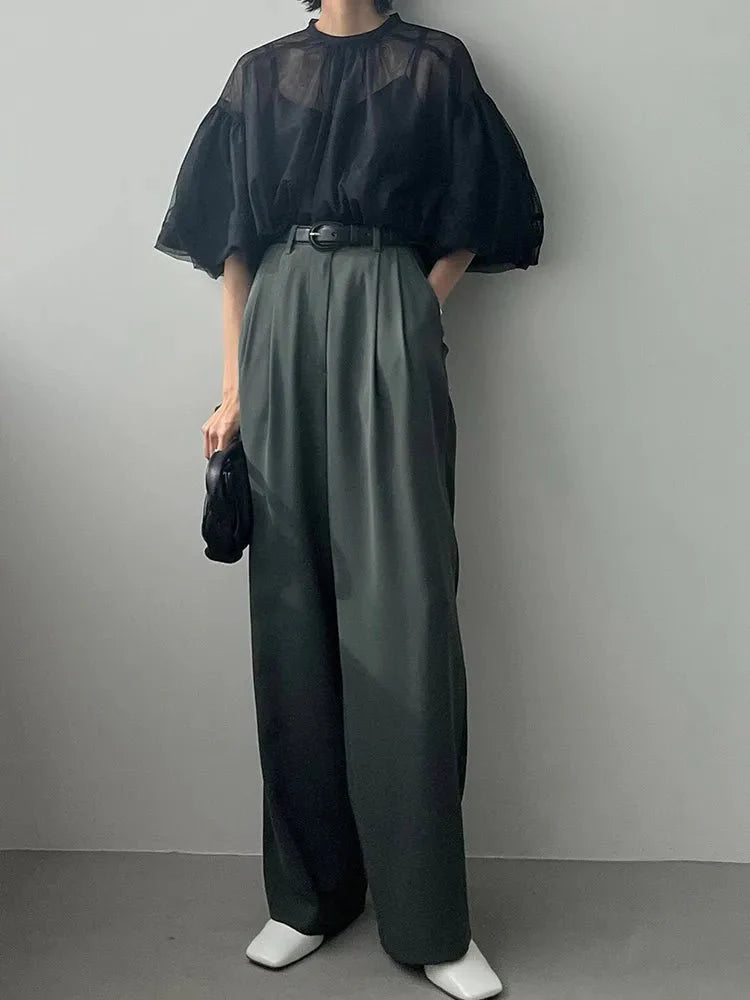 Black Chiffon Lantern Sleeve Blouse