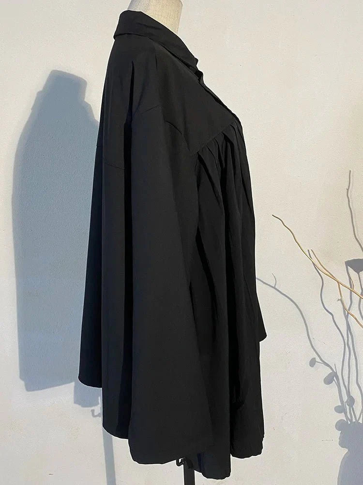Black Irregular Pleated Loose Size Blouse Shirts