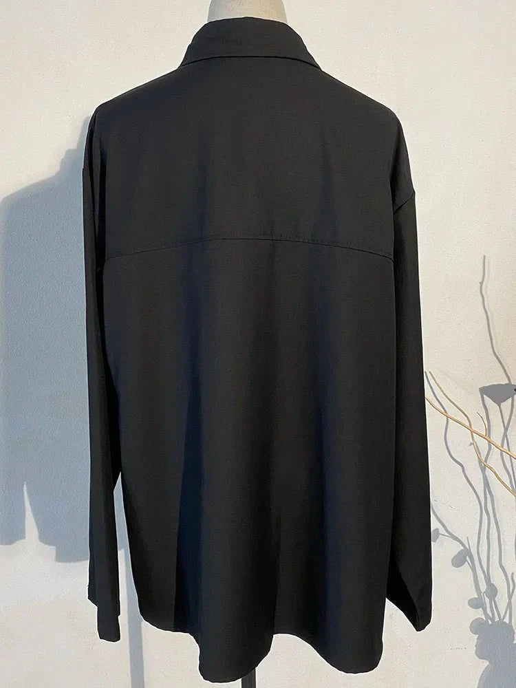 Black Irregular Pleated Loose Size Blouse Shirts