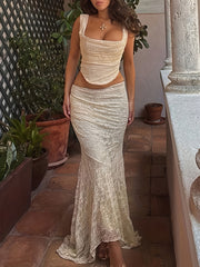 Floral Pattern Contrast Lace Mermaid Skirt, Vintage Slim High Waist Maxi Skirt For Spring & Summer