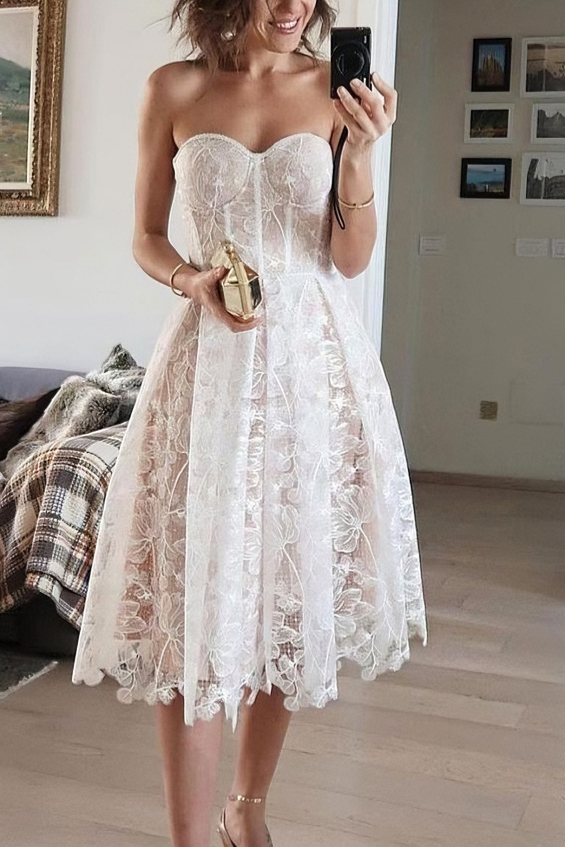 Sexy embroidered lace evening gown with tube top