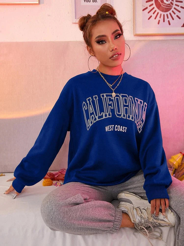 California West Coast Print Long Sleeves O-neck Pullovers Sporty Sweatshirts