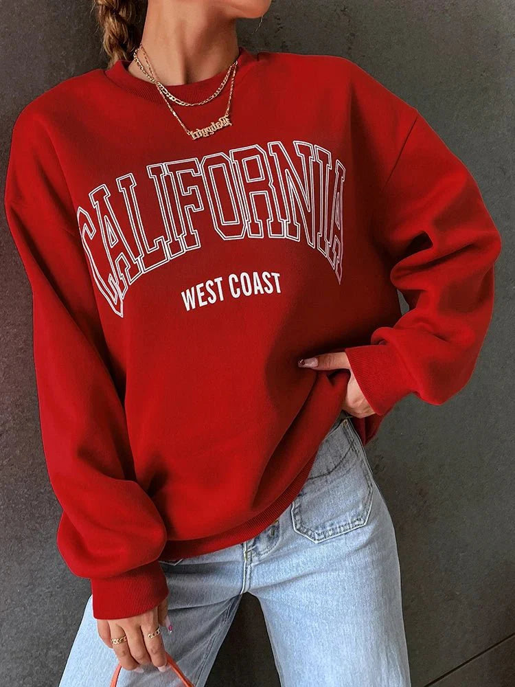 California West Coast Print Long Sleeves O-neck Pullovers Sporty Sweatshirts