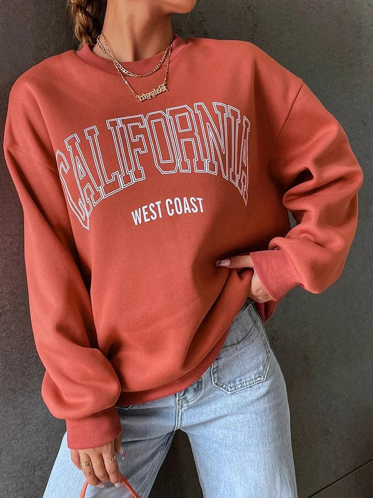 California West Coast Print Long Sleeves O-neck Pullovers Sporty Sweatshirts