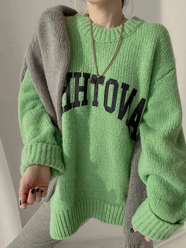 Candy Color Sweater Loose Letter Knitted Pullovers