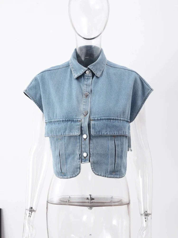 Casual Double Pocket Denim Vest Tops