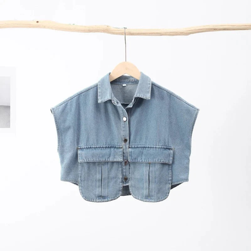 Casual Double Pocket Denim Vest Tops