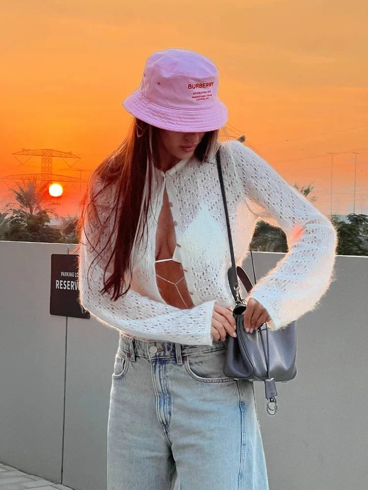 Casual O-Neck Hollow Out Knitted Blouse