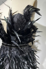 Short black feather tube top dress