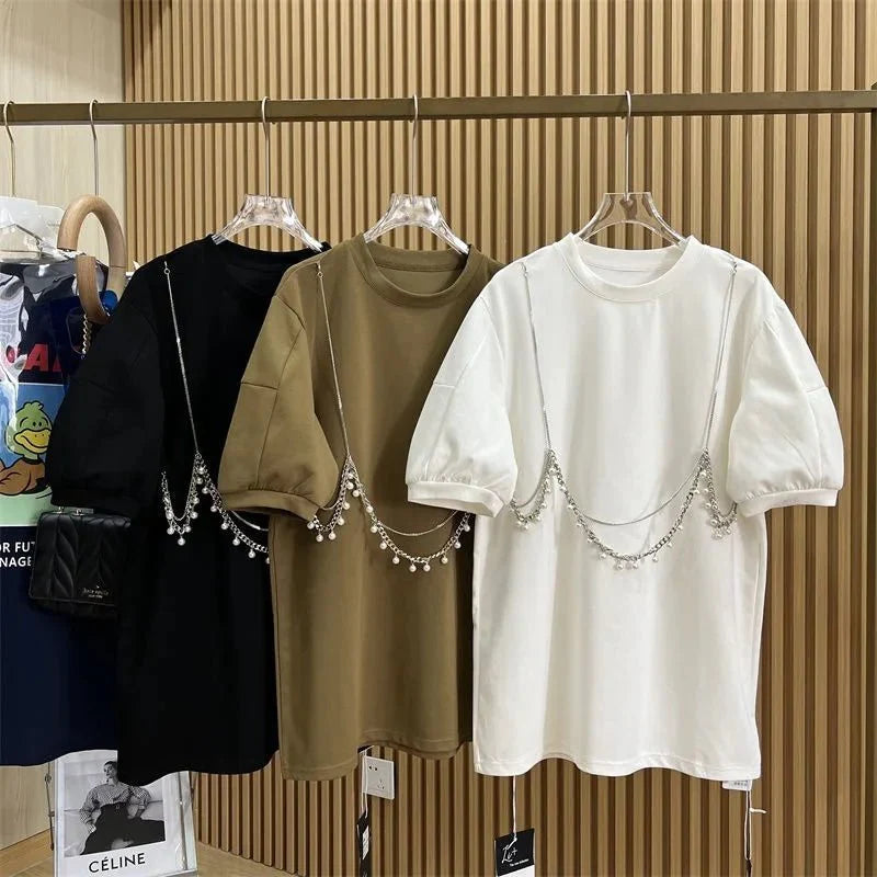 Chain Decor Puff Sleeve Tee