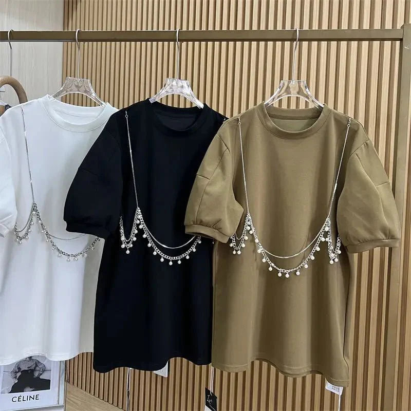 Chain Decor Puff Sleeve Tee