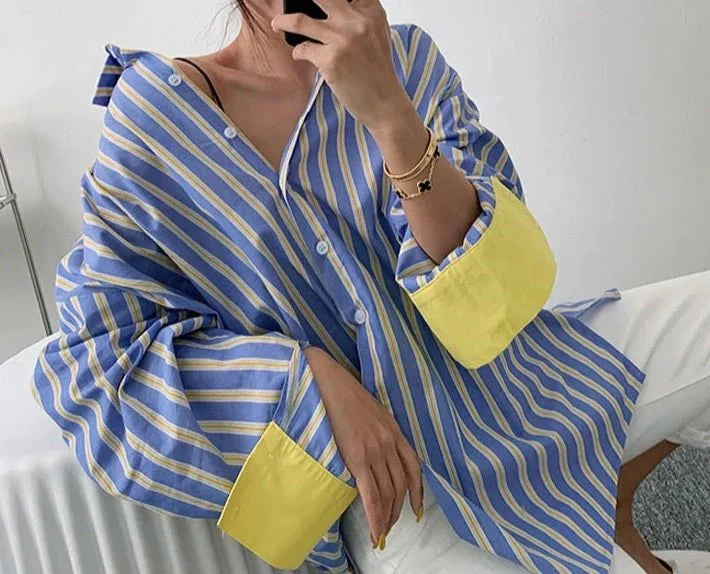 Chic Contrast Striped Loose Long Sleeve Shirts