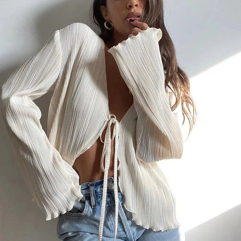 Chic Long Flare Sleeve V-Neck Tie-Up Top