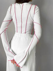 Chic Patchwork Long Sleeve Ribbed T-Shirt