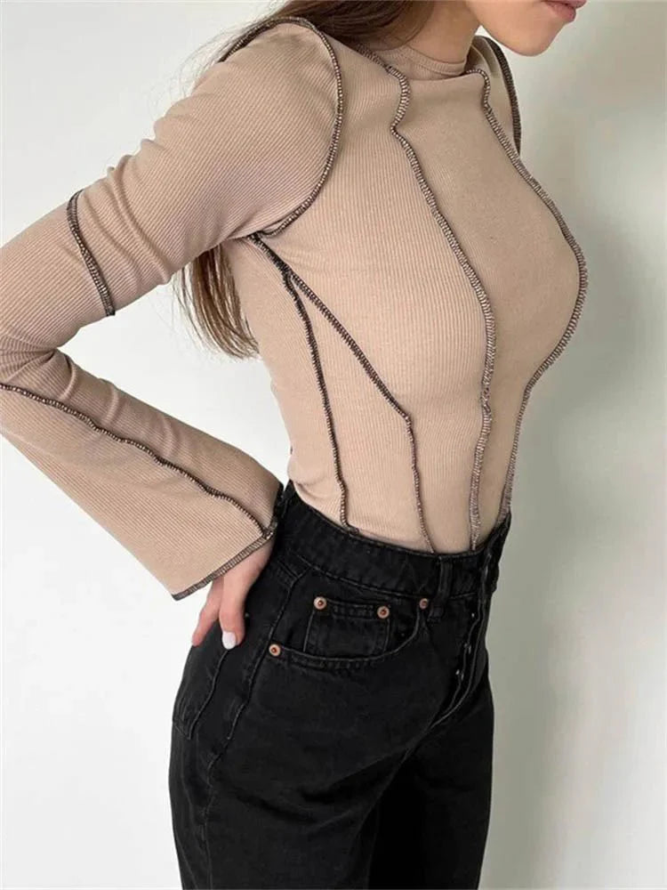 Chic Patchwork Long Sleeve Ribbed T-Shirt
