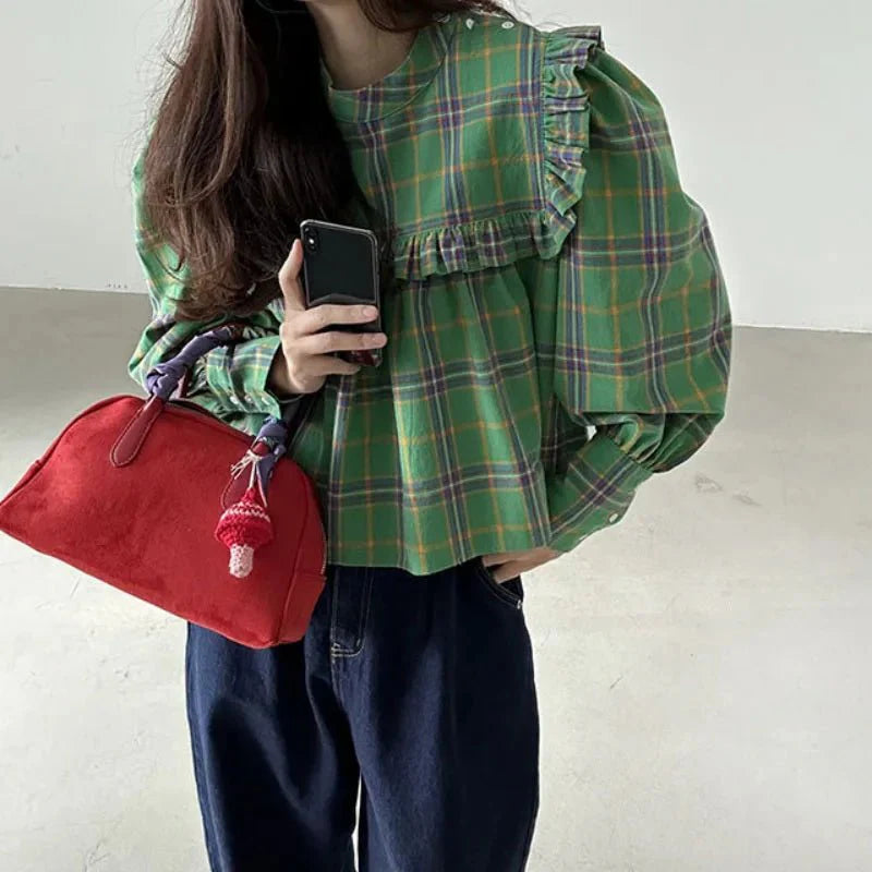Chic Plaid Puff Sleeve Blouse