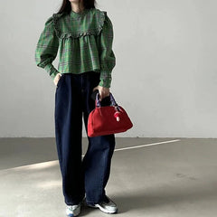 Chic Plaid Puff Sleeve Blouse