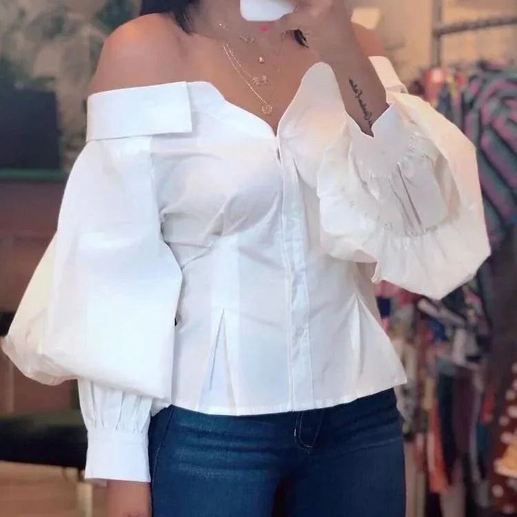 Chic Ruched Slash Neck Lantern Sleeve Blouse