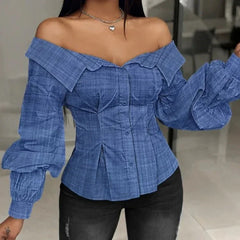 Chic Ruched Slash Neck Lantern Sleeve Blouse