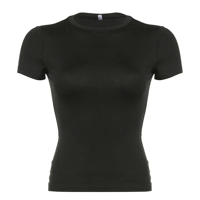 Basic Solid Crop Top Crewneck Slim T-shirt
