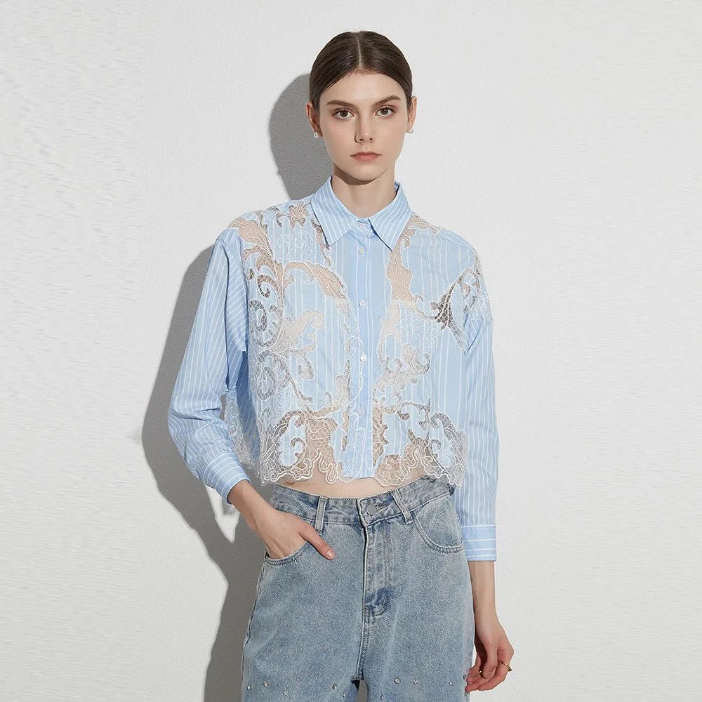 Colorblock Patchwork Lace Slim Crop Blouses