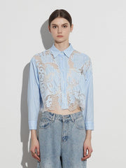 Colorblock Patchwork Lace Slim Crop Blouses