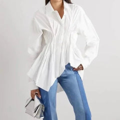 Covered Button Fish Tail Hem Blouse