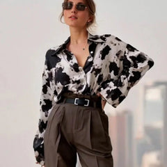 Cow Print Button-Up Chiffon Blouse
