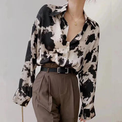 Cow Print Button-Up Chiffon Blouse