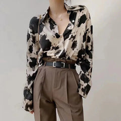 Cow Print Button-Up Chiffon Blouse
