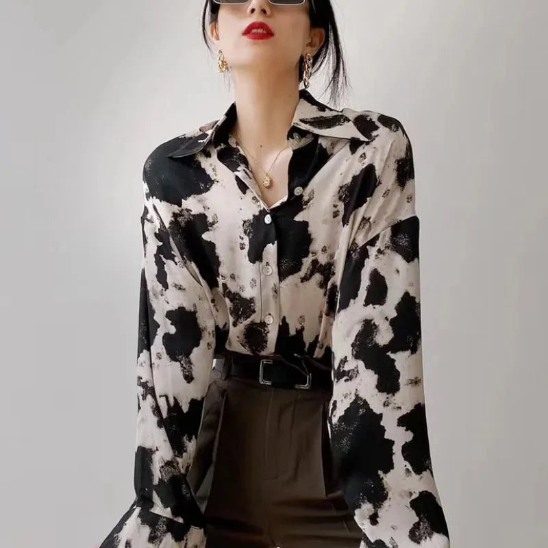 Cow Print Button-Up Chiffon Blouse