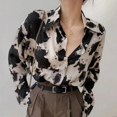 Cow Print Button-Up Chiffon Blouse