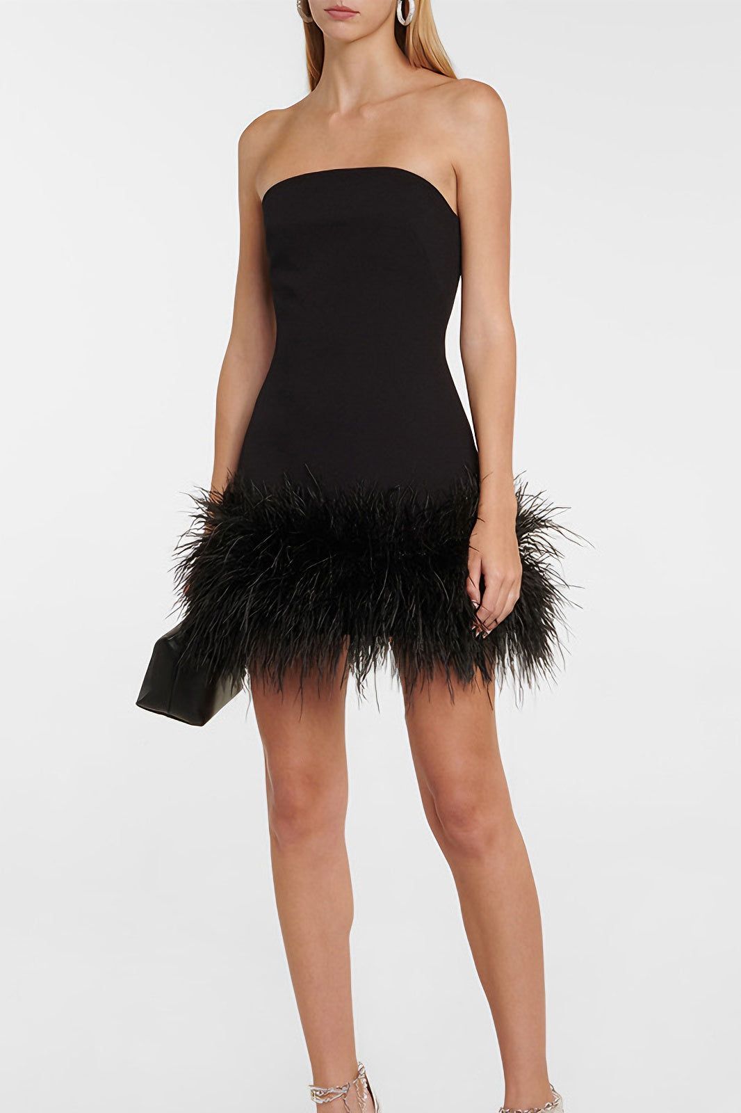 strapless feather trim mini dress