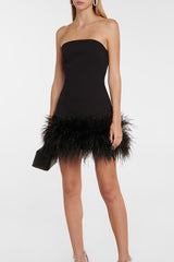strapless feather trim mini dress