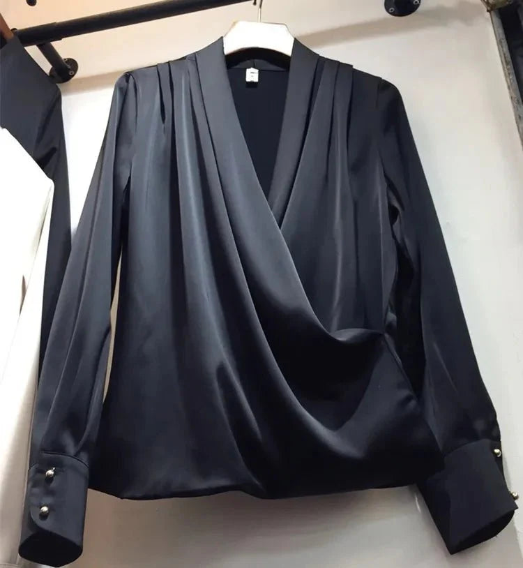 Drape Satin V neck Office Look Blouses
