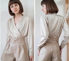 Drape Satin V neck Office Look Blouses