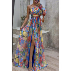 Fashion Print Sexy Slash Neck Backless Party Dress Elegant Bohemian Wedding Guest Dress