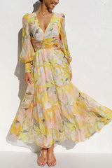 Abstract Floral Balloon Sleeves Maxi Dress