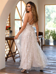 Glamorous plunging backless sparkly dress