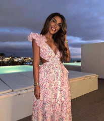 Resort style hollow slim fit deep V ruffled floral backless dress