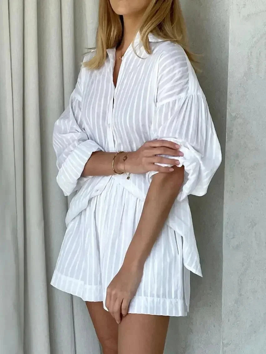 Elastic Waist Shorts and Striped Shirt Set