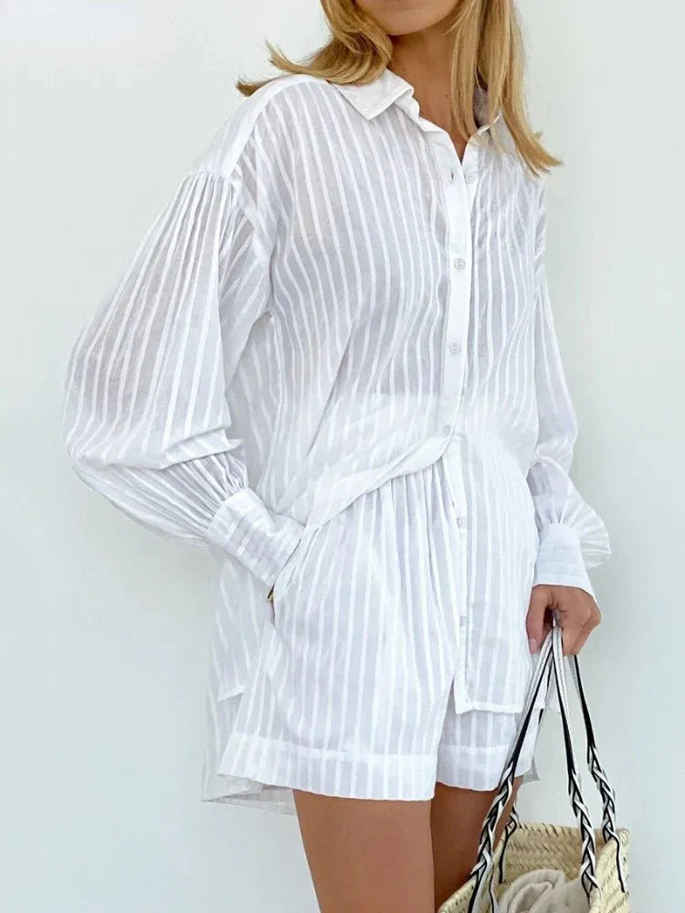 Elastic Waist Shorts and Striped Shirt Set