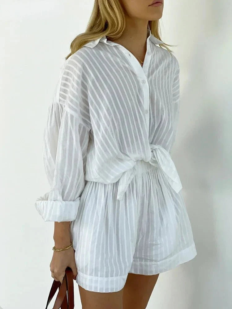 Elastic Waist Shorts and Striped Shirt Set