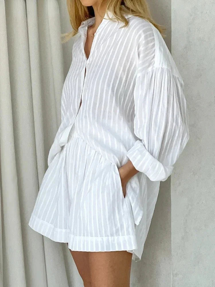 Elastic Waist Shorts and Striped Shirt Set