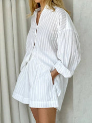 Elastic Waist Shorts and Striped Shirt Set