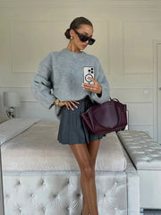 Elegant Grey Round Neck Loose Knit Sweaters