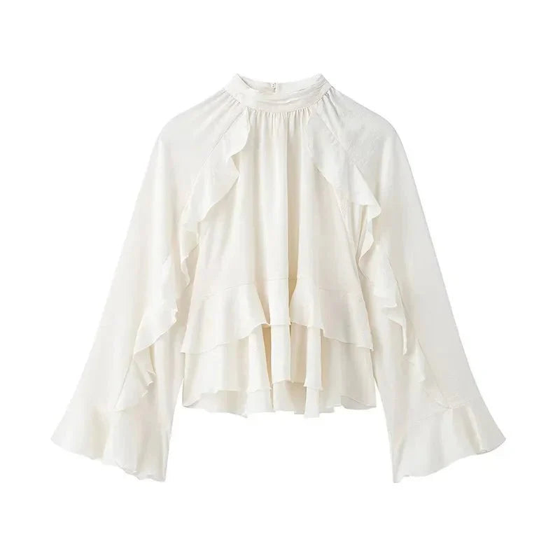 Elegant Long Puff Sleeve Chiffon Ruffled Shirts
