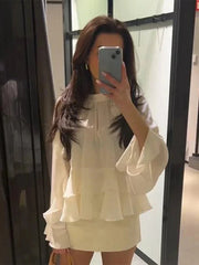 Elegant Long Puff Sleeve Chiffon Ruffled Shirts